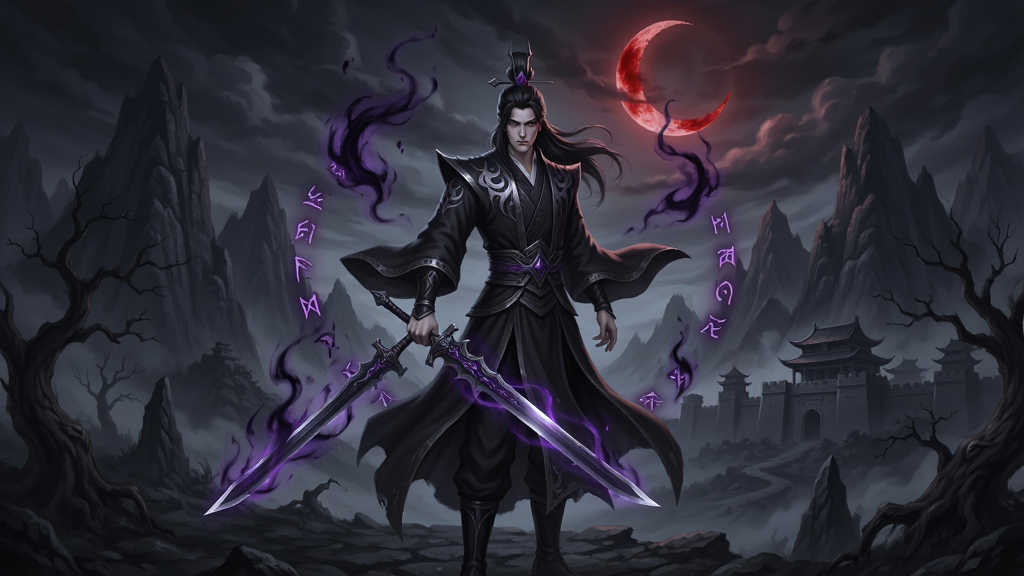 一幅暗黑东方修仙风格的游戏场景插画,画面中央是一位身披黑色长袍、手持幽光长剑的魔君角色,背后是永夜笼罩的群山与血色残月,周围漂浮着暗紫色灵气与古老符文。布局采用竖版构图,上方留出天空区域,下方为崎岖山路与枯木。风格为暗黑国风CG插画,细节包含角色服饰上的魔纹刺绣、剑身上的流光特效、远处隐约的古城轮廓。画质高清,画面干净,无多余元素,图片中不出现任何文字。