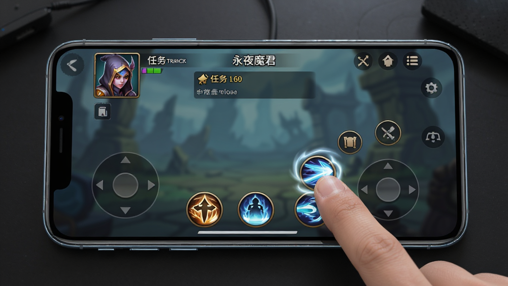 一幅展示手机游戏《永夜魔君》新手操作界面的场景图,画面主体是一部横向放置的智能手机,屏幕上显示游戏主界面,包含角色头像、任务追踪栏、技能按钮与虚拟摇杆。布局采用手机正面平视角度,背景为简洁的暗色桌面。风格为写实产品展示图,细节包含手机边框的反光、屏幕内UI的清晰图标、手指点击技能按钮的动态效果。画质高清,画面干净,无多余元素,图片中不出现任何文字。