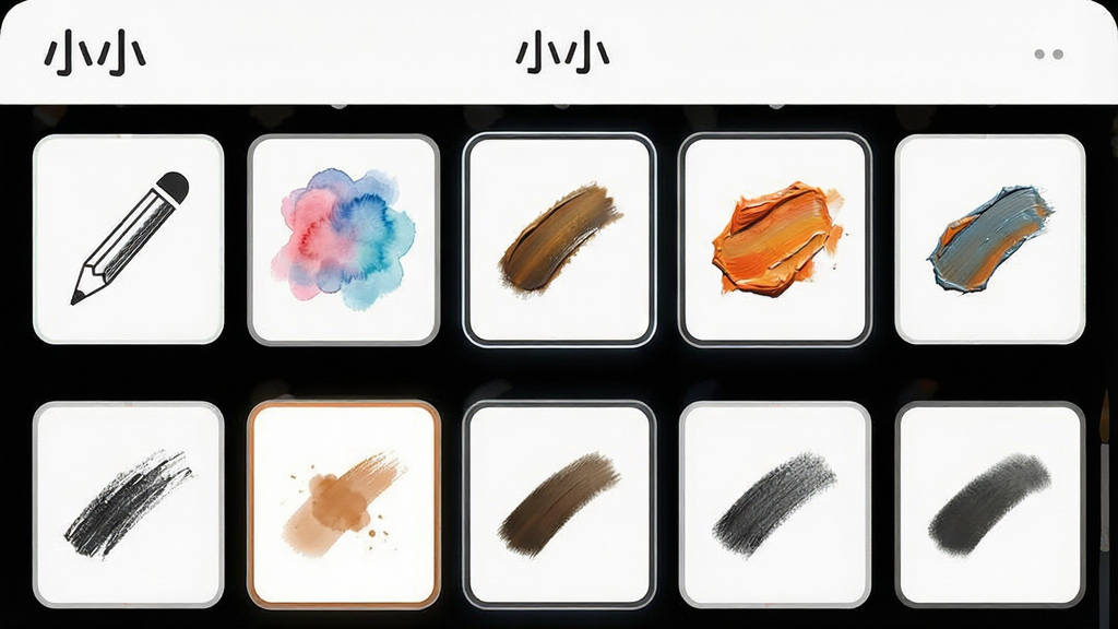 一张展示绘画笔刷选择面板的手机界面图,画面主体是排列整齐的笔刷图标,每个图标展示不同笔触效果如铅笔线条、水彩晕染、油画厚涂,布局为网格状排列,排版上方有“小小”品牌标识,风格为现代简约UI设计,细节包括笔刷预览轨迹和选中高亮边框,画质高清,干净,无多余元素