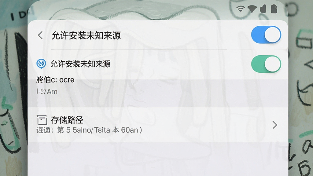 一张手机屏幕展示绘画应用设置界面的图片,画面中显示“允许安装未知来源”开关和存储路径选项,布局为纵向列表形式,排版清晰,风格为系统设置界面截图风格,细节包括开关按钮高亮和选项文字,画质高清,干净,无多余元素
