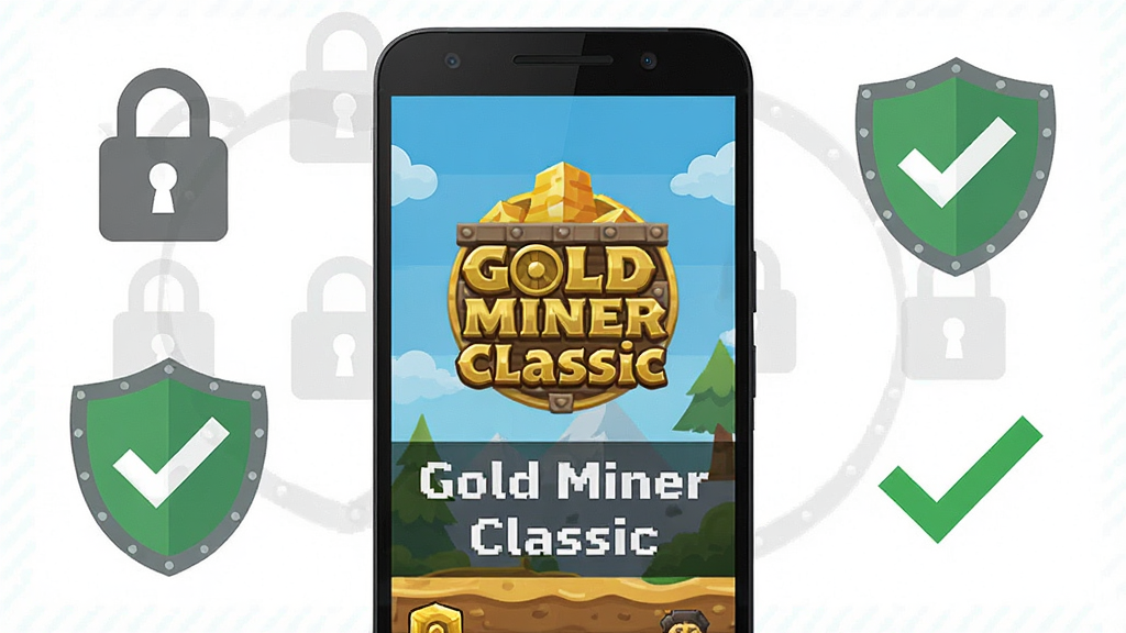 画面展示一部安卓手机屏幕显示Gold Miner Classic游戏界面,旁边有盾牌图标与打勾标记,布局为手机居中、安全图标环绕,排版简洁直观,风格为扁平化安全提示风格,细节包含锁形图标与绿色对勾,画质干净清晰、无杂乱元素,画面中带文字“Gold Miner Classic”