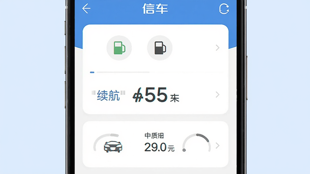 信车车辆状态页面AI生图,主体为手机屏幕特写,屏幕上显示信车应用中的车辆状态卡片,卡片上有油量图标、续航数字和胎压指示,布局为上下排列,风格为扁平化设计,细节清晰,画质干净,背景为淡蓝色,无多余元素