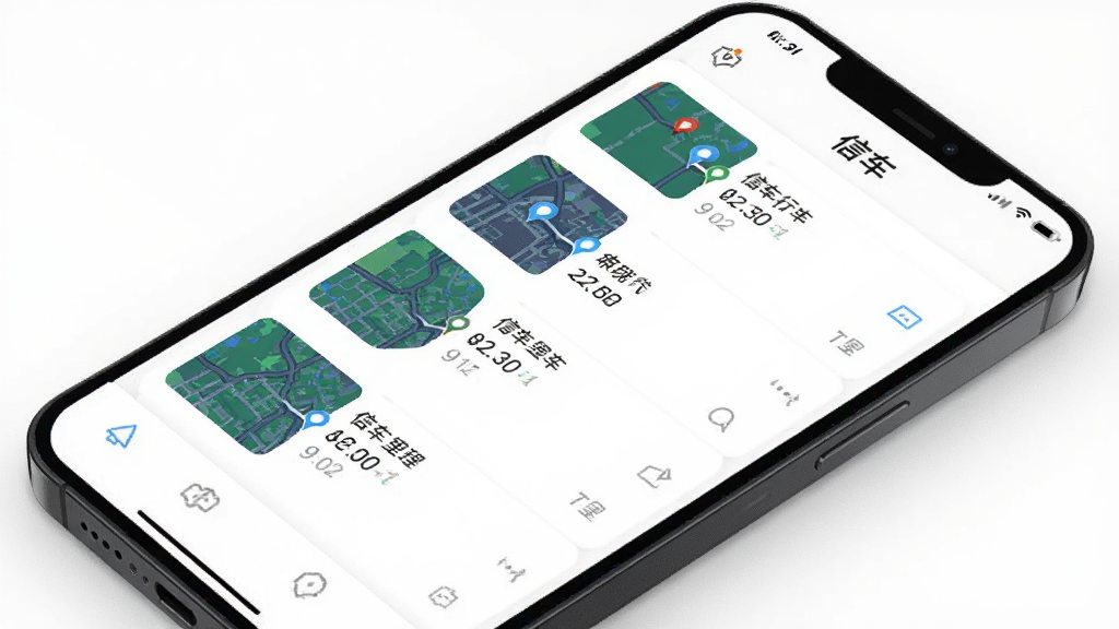 信车行程记录界面AI生图,画面展示一部手机,屏幕上显示信车应用的行程列表页面,每条记录包含地图缩略图、起终点名称和里程数字,布局为纵向列表,风格为现代简约,细节丰富,画质清晰,背景为白色,无多余装饰