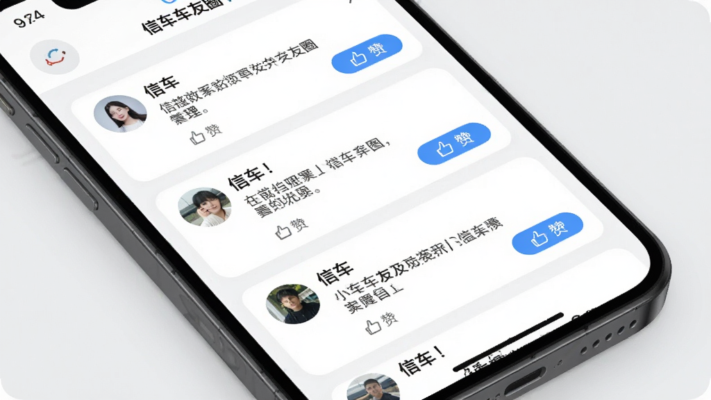 信车车友圈页面AI生图,主体为手机屏幕,屏幕上显示信车应用的车友动态列表,包含用户头像、文字内容和点赞按钮,布局为卡片式排列,风格为清新浅色,细节清晰,画质干净,背景为浅灰色,无多余元素