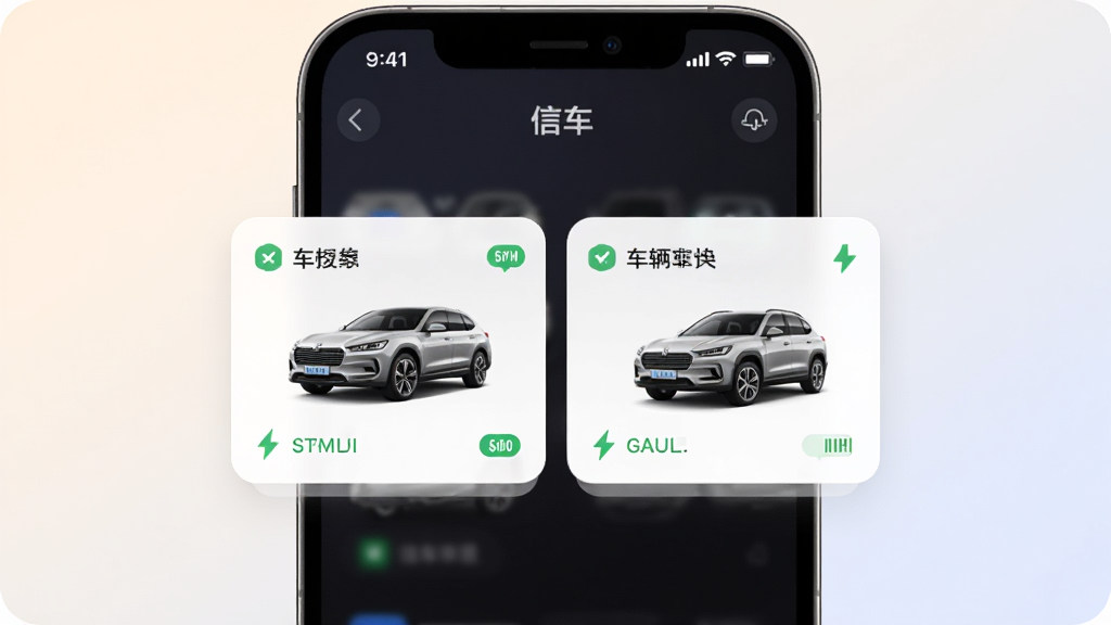 信车多车管理界面AI生图,画面展示一部手机,屏幕上显示信车应用的车辆切换页面,页面上有两张车辆卡片,分别标注不同车辆名称和状态图标,布局为横向排列,风格为柔和圆角,细节精致,画质清晰,背景为浅色渐变,无多余元素