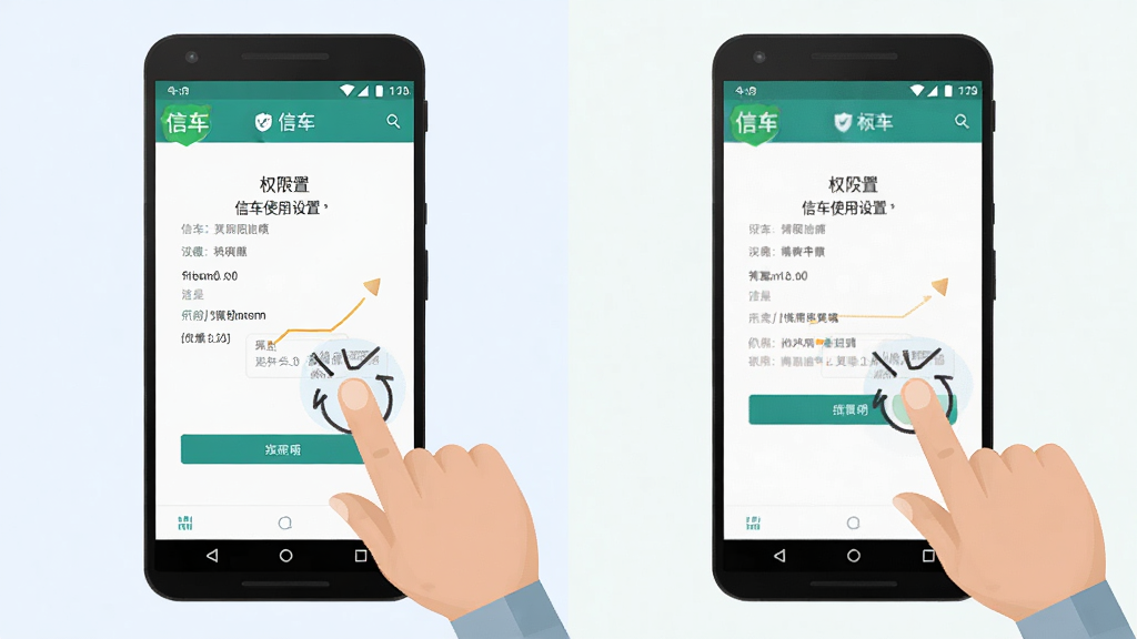 信车使用教程示意图,画面展示一部安卓手机,屏幕上显示信车应用的权限设置页面,旁边有手指点击的示意,布局为左右分栏,风格为扁平插画,细节清晰,画质干净,背景为浅色,无多余元素