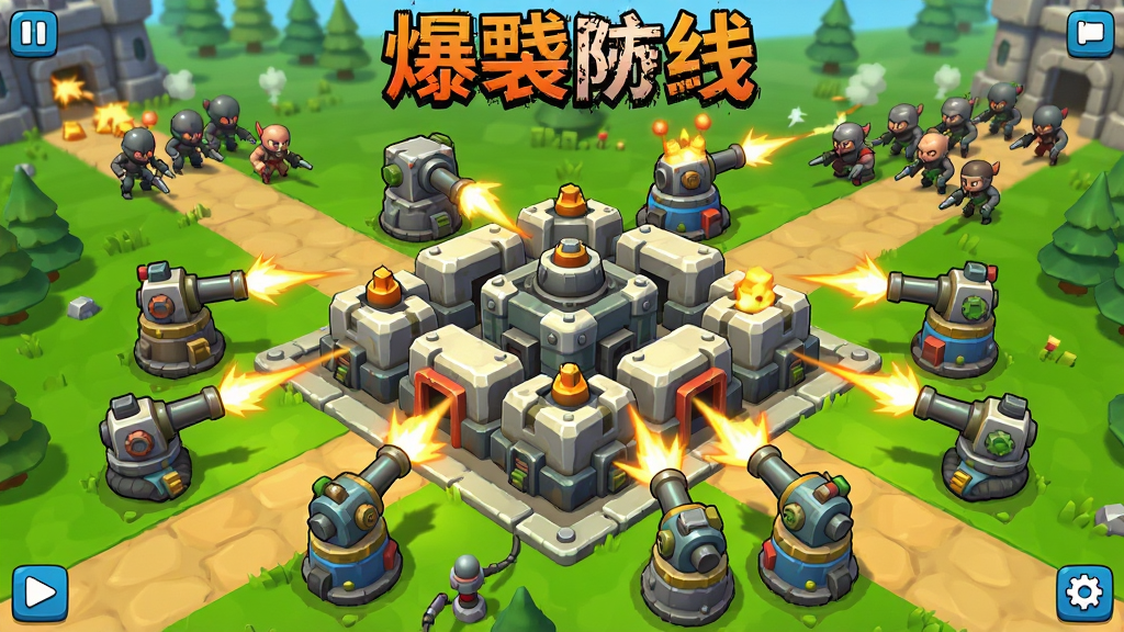 爆裂防线游戏主界面全景,中央是坚固的防御阵地,四周有不同种类的炮塔和射击单位,敌人从远处涌来,画面采用明亮卡通风格,色彩鲜艳,布局清晰,细节丰富,画质高清,干净,无多余元素
