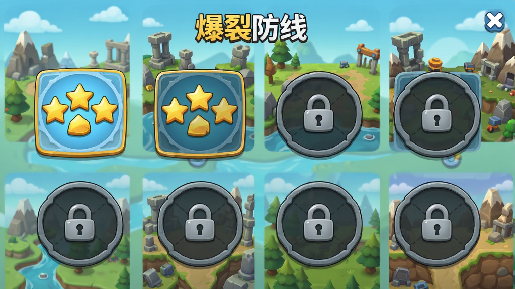 爆裂防线关卡选择界面,屏幕上排列着多个关卡节点,有的已通关显示三星,有的未解锁显示锁图标,背景是不同地形的缩略图,风格清新卡通,布局整齐,细节清晰,画质高清,干净,无多余元素