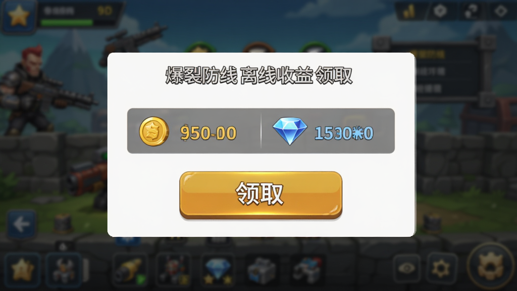 爆裂防线离线收益领取弹窗,界面显示金币和钻石的数量,有一个醒目的领取按钮,背景是游戏主界面的模糊效果,风格简洁明快,细节清晰,画质高清,干净,无多余元素