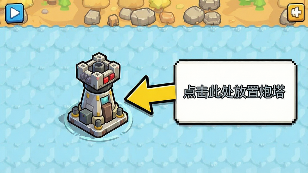 爆裂防线新手教程界面,画面中有一个指示箭头指向防御塔放置点,旁边有文字提示“点击此处放置炮塔”,界面简洁,风格卡通,细节清晰,画质高清,干净,无多余元素