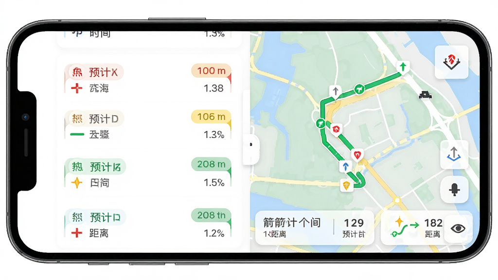 箭道智能路线规划功能界面,主体为手机屏幕显示多条路线对比,布局采用上下分层结构,排版上路线列表与地图预览各占一半,风格为清新简约科技风,细节包含红黄绿路况标识、预计时间标签、距离数值,画质高清,干净,无多余元素