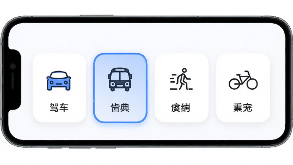 箭道多模式出行选择界面,主体为手机屏幕展示驾车公交步行骑行四个图标按钮,布局采用横向排列,排版上图标下方配有文字说明,风格为柔和圆角卡片式设计,细节包含蓝色高亮选中状态、简洁线性图标,画质高清,干净,无多余元素