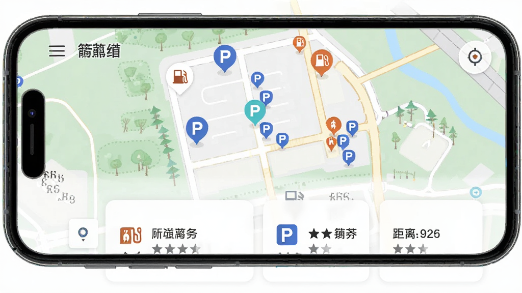 箭道周边服务推荐界面,主体为手机屏幕显示地图上的服务点标记,布局采用地图加底部卡片列表,排版上地图占上部三分之二,风格为现代生活服务类设计,细节包含加油站图标、停车场图标、评分星级、距离数值,画质高清,干净,无多余元素