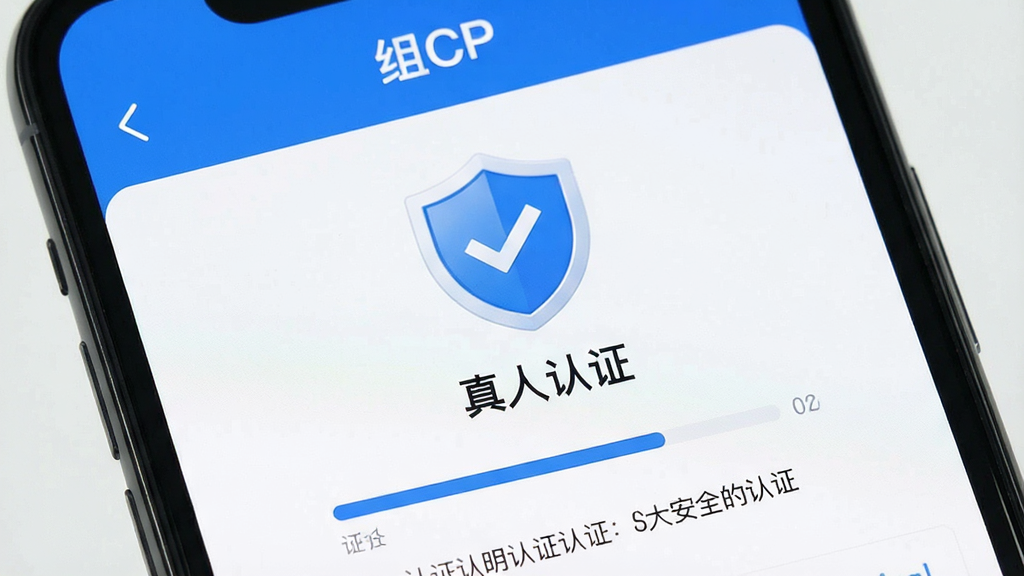 一张强调安全认证的手机界面图,画面主体是“组CP”软件的认证页面,屏幕中央显示一个带有盾牌和勾选标记的认证徽章,徽章下方有“真人认证”字样,布局简洁居中,风格专业可靠,色调以蓝色和白色为主,细节包括认证步骤的进度条和说明文字,画质清晰,干净无多余元素