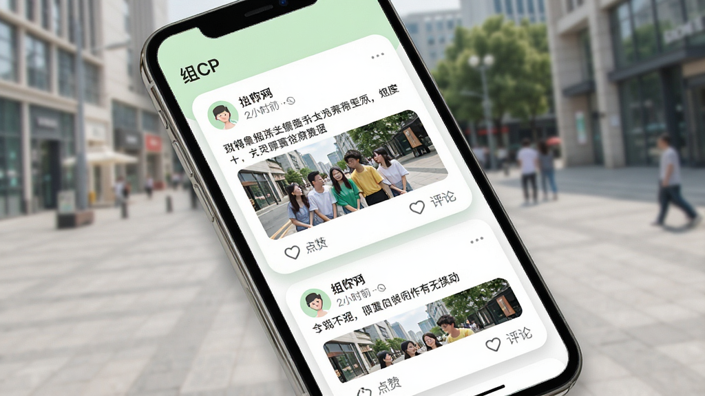 一幅展示动态广场功能的界面图,画面是一部手机屏幕,屏幕内是“组CP”动态广场的信息流页面,每条动态包含用户头像、昵称、发布时间、文字内容和配图,下方有点赞和评论图标,布局为纵向列表,风格清新明快,色调以白色和浅绿色为主,细节上动态卡片带有圆角和轻阴影,画质高清,画面干净