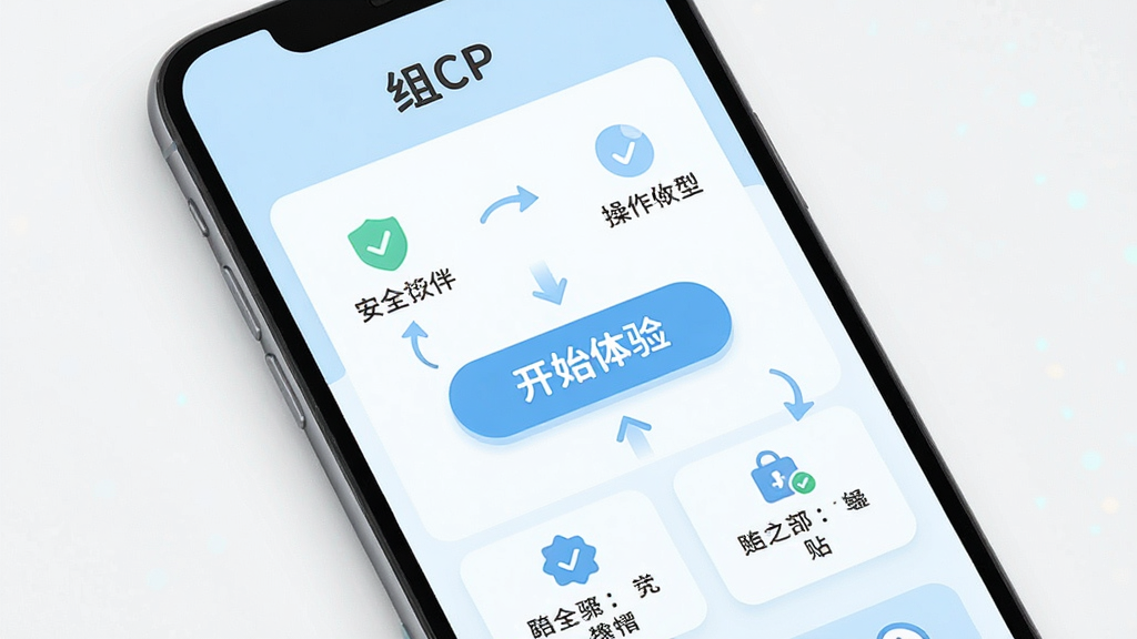 一部手机屏幕显示“组CP”软件的新手引导页面,页面中央有醒目的“开始体验”按钮,周围环绕着安全提示图标和操作步骤小贴士,布局简洁明了,风格友好亲切,色调以浅蓝和白色为主,细节包括引导箭头和说明文字,画质清晰,画面干净无多余元素