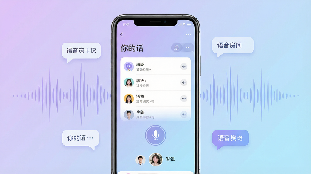 一张手机屏幕展示语音社交应用界面的产品预览图,画面中央是一部竖屏手机,屏幕内显示“你的话”应用主界面,包含语音房间列表、麦克风图标和用户头像,背景为柔和的浅紫到浅蓝渐变,周围漂浮着声波纹理和聊天气泡元素,整体布局居中对称,风格清新现代,细节清晰,画质干净,无多余元素