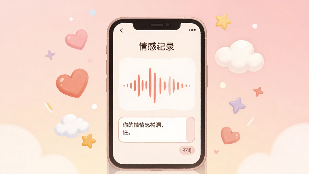 一张展示“你的话”情感树洞功能的插画图,画面中央是一部手机,屏幕内显示心情记录页面,有语音波形图标和文字输入框,手机周围环绕着爱心、云朵和星星装饰,背景为柔和的粉色渐变,风格温暖治愈,画质干净,无多余元素