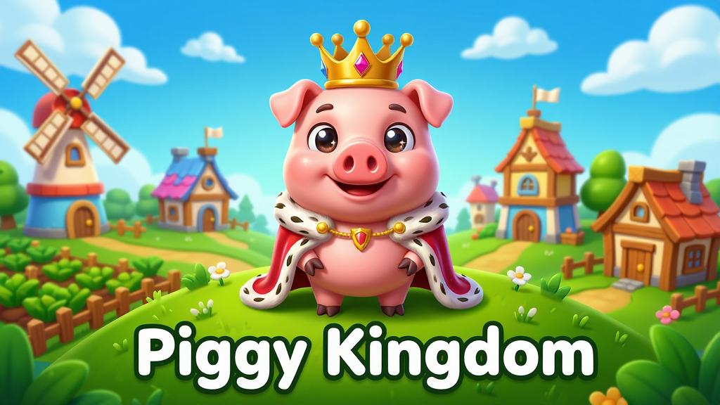 一张以Piggy Kingdom为主题的手机游戏宣传图,画面中央是一只穿着王冠的可爱卡通小猪站在绿草如茵的小山丘上,背景是色彩缤纷的卡通建筑群和蓝天白云,布局采用中心构图,主体小猪占据画面视觉焦点,四周环绕着农田、风车和小木屋等元素,风格为明亮清新的3D卡通渲染,细节包括小猪圆润的身体、闪亮的眼睛和身上精致的皇家披风,画面中下方用白色圆润字体写着“Piggy Kingdom”,画质高清,色彩饱和,画面干净,无多余元素