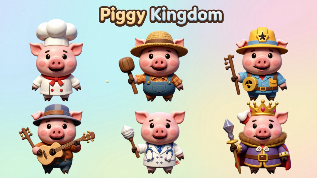 一张Piggy Kingdom角色展示图,画面中排列着六只不同职业装扮的卡通小猪,布局采用两行三列的网格排列,每只小猪穿着不同的服装如厨师、农夫、建筑师、音乐家、医生和国王,风格为可爱的Q版卡通渲染,细节包括每只小猪的表情、道具和服装纹理,背景为柔和的渐变色彩,画面顶部有“Piggy Kingdom”的文字标识,画质高清,画面干净,无多余元素