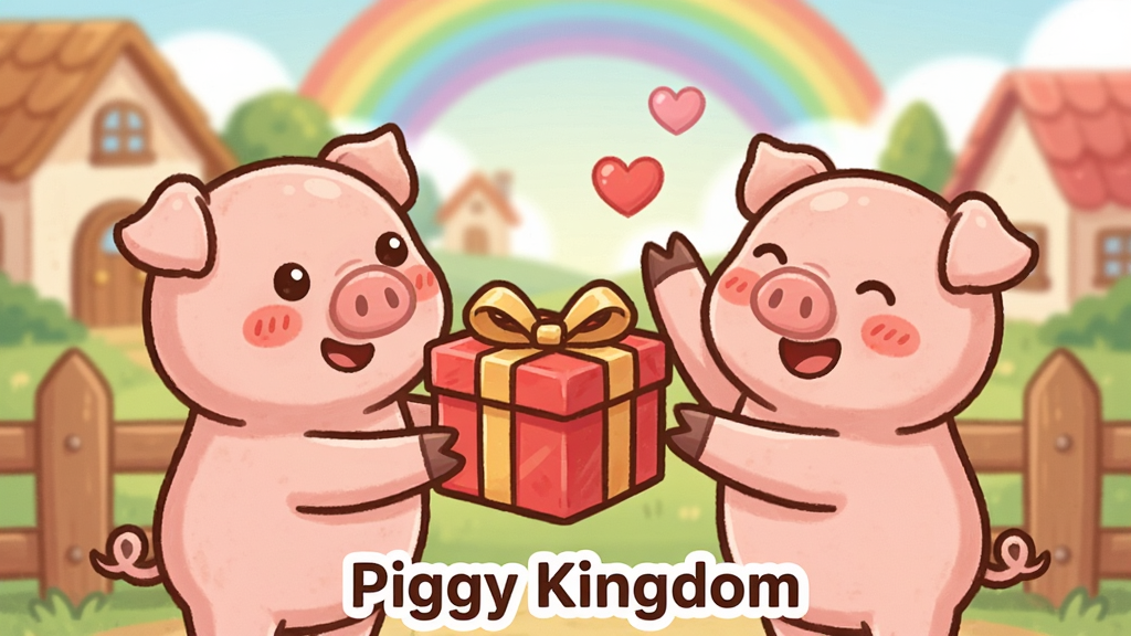 一张Piggy Kingdom社交互动场景图,画面展示两只卡通小猪站在栅栏旁互相赠送礼物盒,布局上左侧小猪捧着红色礼盒,右侧小猪开心地举起双手,背景是温馨的卡通村庄和彩虹,风格为温暖治愈的卡通插画风格,细节包括礼盒上的蝴蝶结、小猪脸上的红晕和背景中飘浮的爱心,画面底部有“Piggy Kingdom”的文字,画质细腻,色彩柔和,画面干净,无多余元素