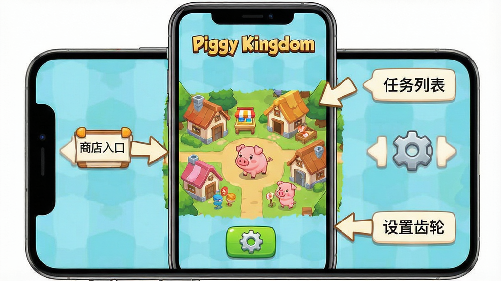 一张Piggy Kingdom新手操作指引图,画面展示一部智能手机屏幕,屏幕上显示游戏主界面,布局上屏幕中央是卡通小猪村庄,四周有箭头标注指向“建造按钮”“任务列表”“商店入口”和“设置齿轮”,风格为简洁明了的UI说明图,细节包括每个按钮旁配有简短的文字说明框,画面整体色调清新,顶部有“Piggy Kingdom”标识,画质清晰,画面干净,无多余元素