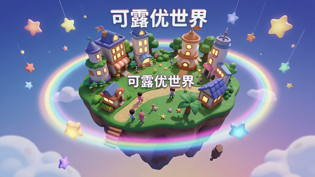 主体是一个充满未来感与梦幻色彩的虚拟世界全景,布局上中央是巨大的悬浮岛屿,岛屿上有各种风格的建筑和绿植,周围环绕着彩虹色的光环和漂浮的星星。排版采用广角俯视视角,风格为3D卡通渲染,细节上建筑窗户透出暖光,草地上有小人影在奔跑嬉戏。画质高清,干净,无多余元素,画面中漂浮着文字