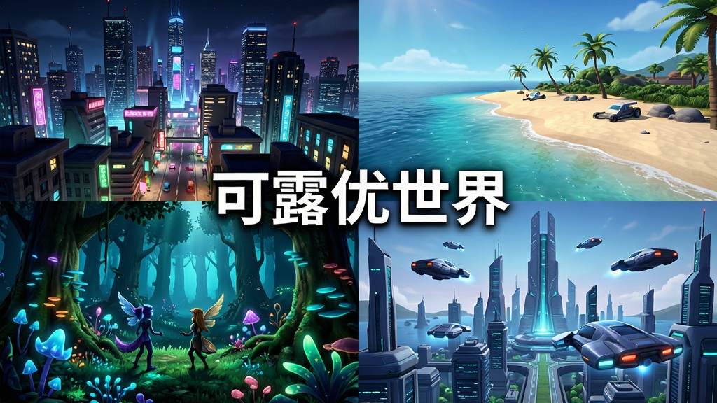 主体是四个风格迥异的场景拼接画面,布局为田字格,左上为繁华都市夜景,右上为静谧海岛沙滩,左下为奇幻森林荧光植物,右下为未来科技城飞行器。排版整齐,风格为3D游戏场景概念图,细节上光影对比强烈,色彩丰富。画质高清,干净,无多余元素,画面中央有文字