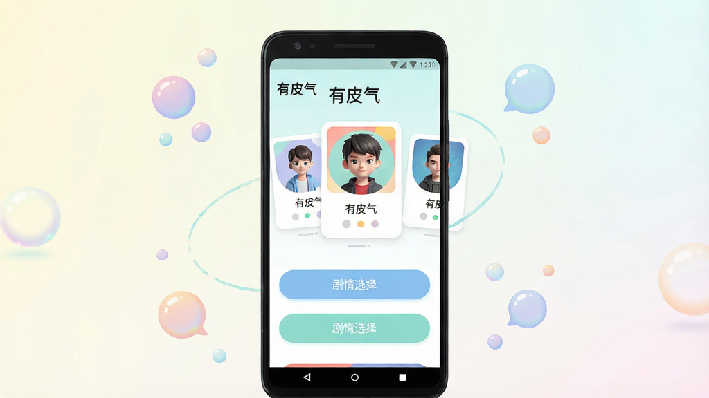 一张干净简洁的手机应用首页展示图,画面中央是一部竖屏安卓手机,手机屏幕上显示“有皮气”应用界面,界面包含角色头像卡片和剧情选择按钮,背景为浅色渐变,四周有少量装饰性气泡元素,整体风格清新明快,排版居中,画质高清,无多余杂乱元素
