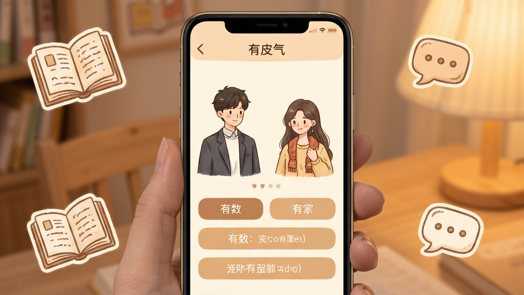 一部手机屏幕中展示“有皮气”剧情对话界面,画面中有两个角色立绘和多个选项按钮,背景为柔和暖色调,手机周围点缀故事书和对话气泡图标,风格温馨细腻,排版居中,画质清晰干净