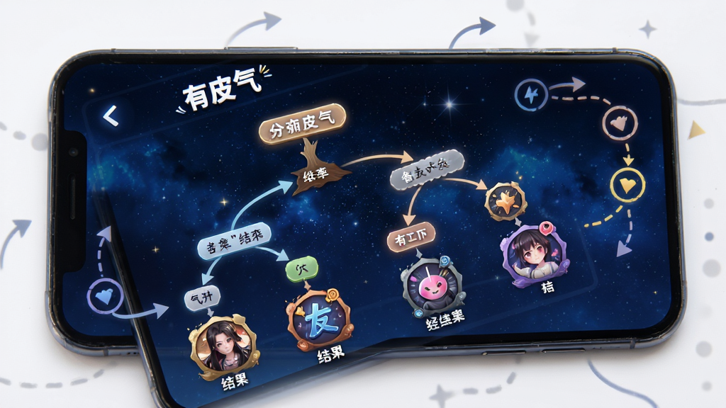 手机屏幕展示“有皮气”分支路线选择界面,画面中有树状剧情分支图和多个结局图标,背景为深蓝色星空风格,手机旁边有箭头和路径线条装饰,整体排版清晰,画质高清,无多余元素
