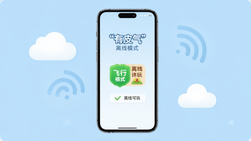 一部手机展示“有皮气”离线模式界面,屏幕上有飞行模式和离线可玩标识,背景为浅蓝色,手机旁边有云朵和信号图标装饰,风格清爽,排版居中,画质干净清晰