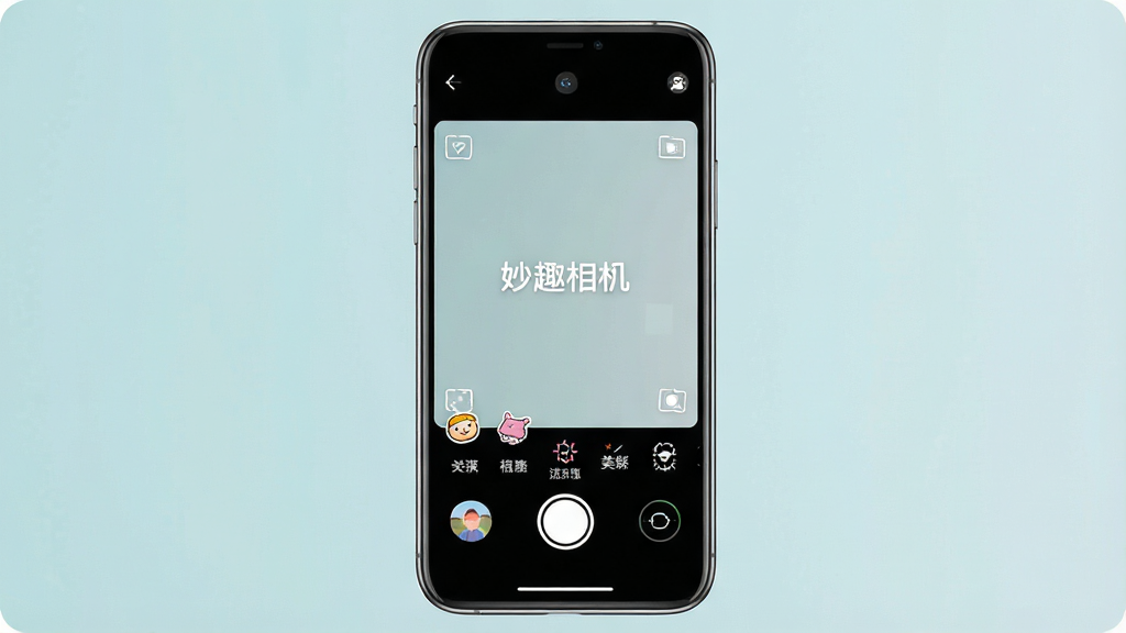 一张展示妙趣相机软件界面的手机屏幕截图,主体为手机正视图,布局居中,排版简洁,风格清新现代,细节包含相机取景框、趣味贴纸图标、美颜滤镜选项和拍摄按钮,画质清晰干净,无多余元素,屏幕中显示文字“妙趣相机”。