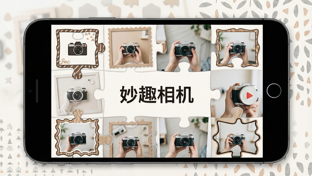 一张展示妙趣相机创意拼图功能的示意图,主体为多张照片组合成的拼图作品,布局为网格状排列,排版整齐美观,风格简约时尚,细节包含不同形状的拼图边框、装饰文字和背景图案,画质清晰干净,屏幕中显示文字“妙趣相机”。