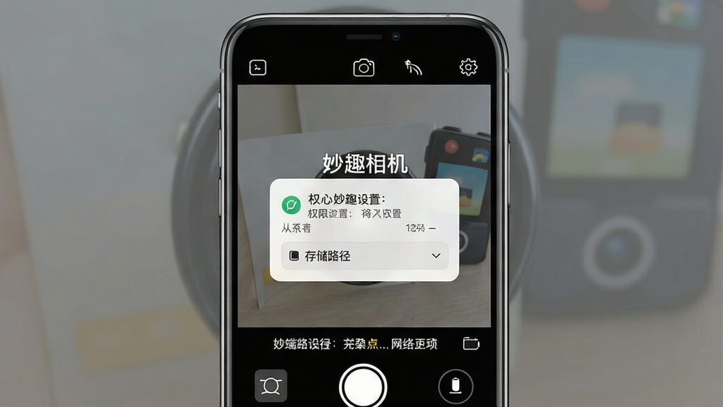 一张展示妙趣相机在手机端操作界面的示意图,主体为手机屏幕显示拍摄界面,布局为取景框居中、功能按钮环绕,排版清晰,风格科技感,细节包含权限设置弹窗、存储路径选项和网络状态图标,画质清晰干净,屏幕中显示文字“妙趣相机”。
