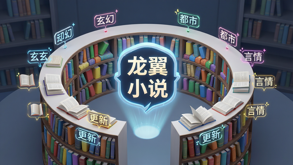一个虚拟图书馆场景,书架上摆满各种颜色的电子书,中央悬浮着