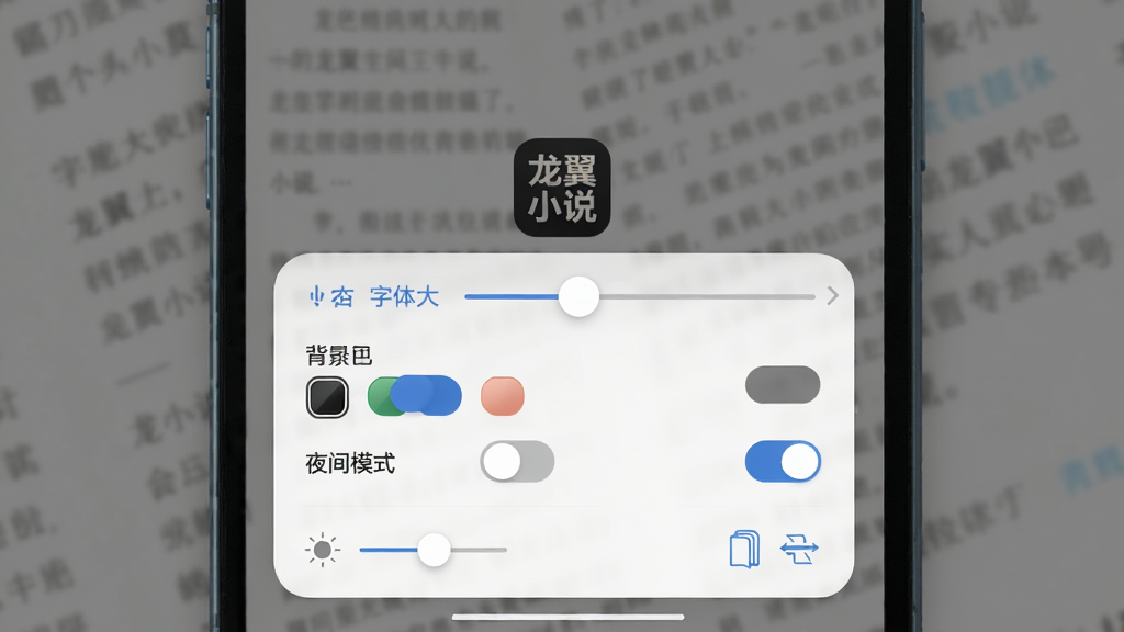 手机屏幕特写展示阅读设置面板,面板上有字体大小滑块、背景颜色选项、夜间模式开关等控件,背景是模糊的小说文字,中央有