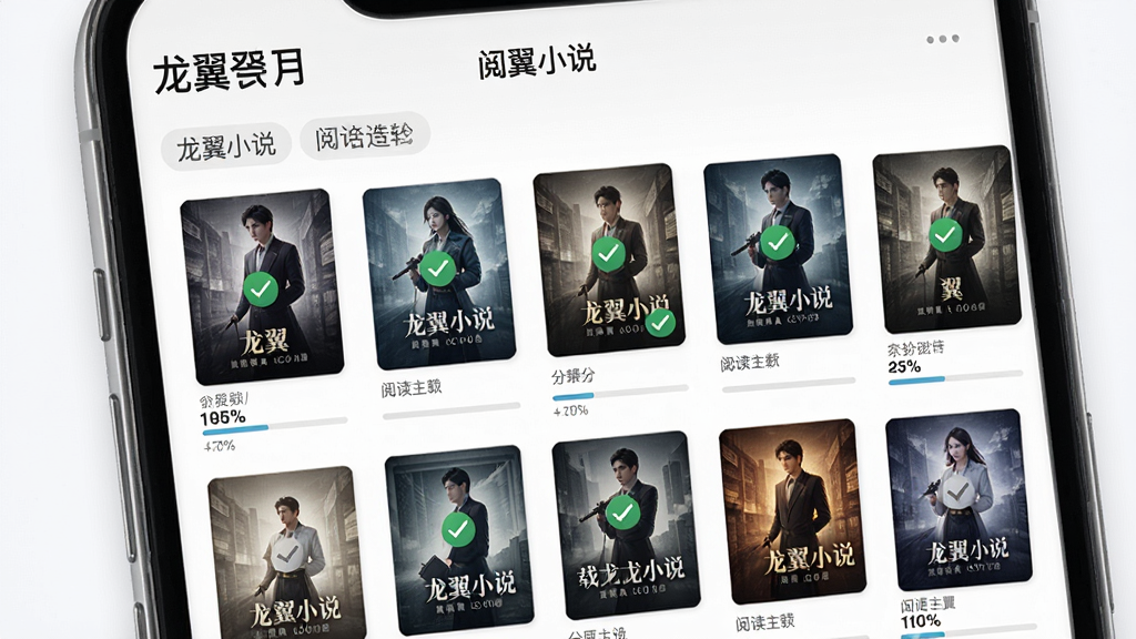 一部手机展示书架管理界面,书架上排列着多本小说封面,其中几本带有下载完成的对勾标记,顶部有