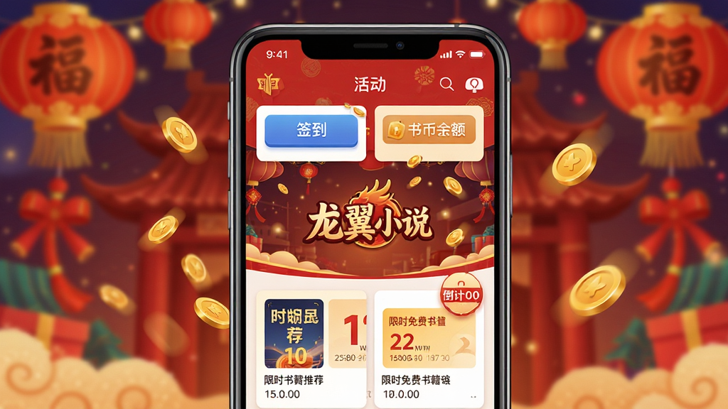 手机屏幕显示活动中心页面,页面上有签到按钮、书币余额、限时免费书籍推荐位,背景是节日氛围的装饰元素,中央有