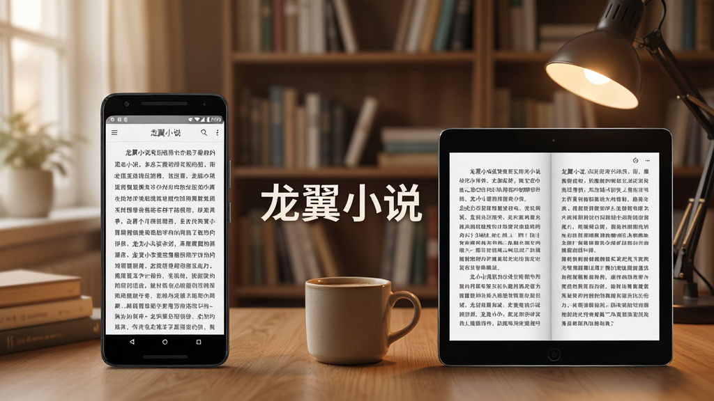一部安卓手机和一台平板电脑并排展示龙翼小说阅读界面,手机显示单页阅读,平板显示双页阅读,背景是温馨的书房环境,中央有