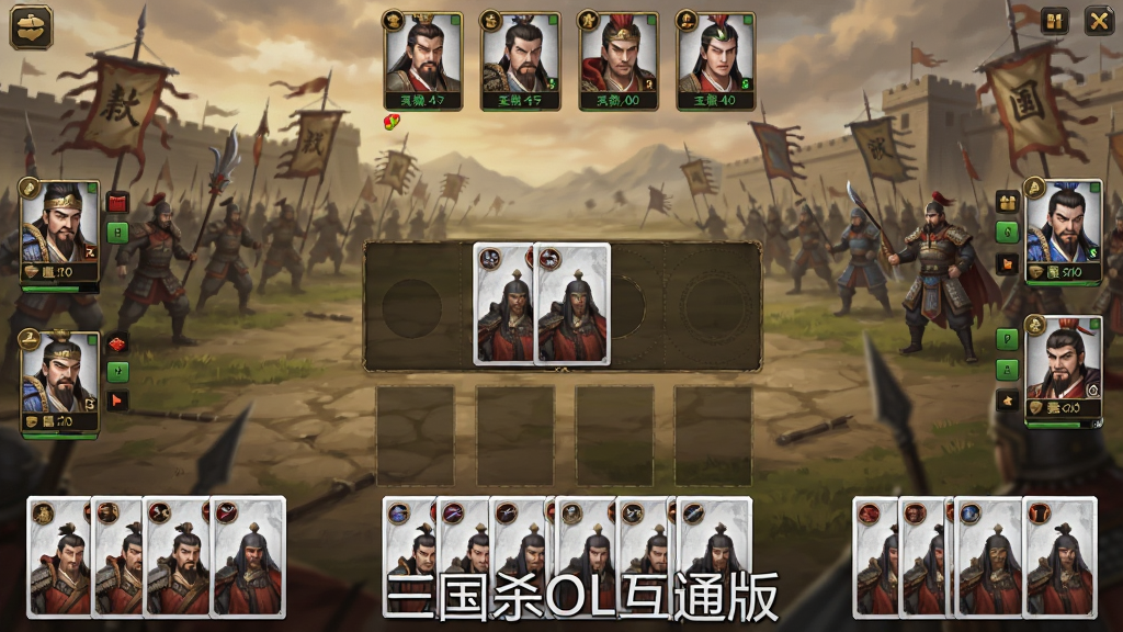 一张三国杀OL互通版国战模式的游戏对局截图,画面中显示多名武将头像和手牌区域,中央是出牌区,背景是古风战场,画面下方有