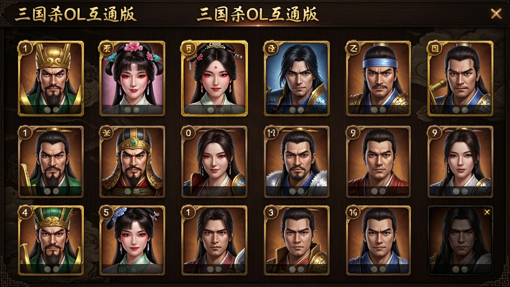 一张展示三国杀OL互通版武将收集界面的图片,画面以网格形式排列着多位三国武将的卡牌头像,如吕布、貂蝉、赵云等,部分卡牌带有金色边框表示稀有度,界面顶部有