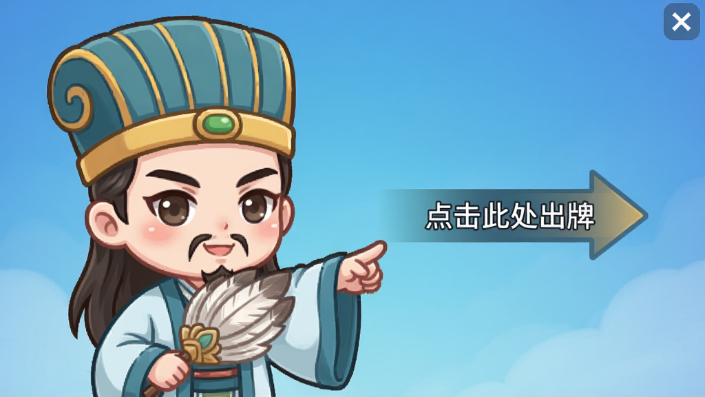 一张三国杀OL互通版新手引导界面的截图,画面中有一位Q版诸葛亮手持羽扇指向屏幕右侧的箭头,旁边有文字提示