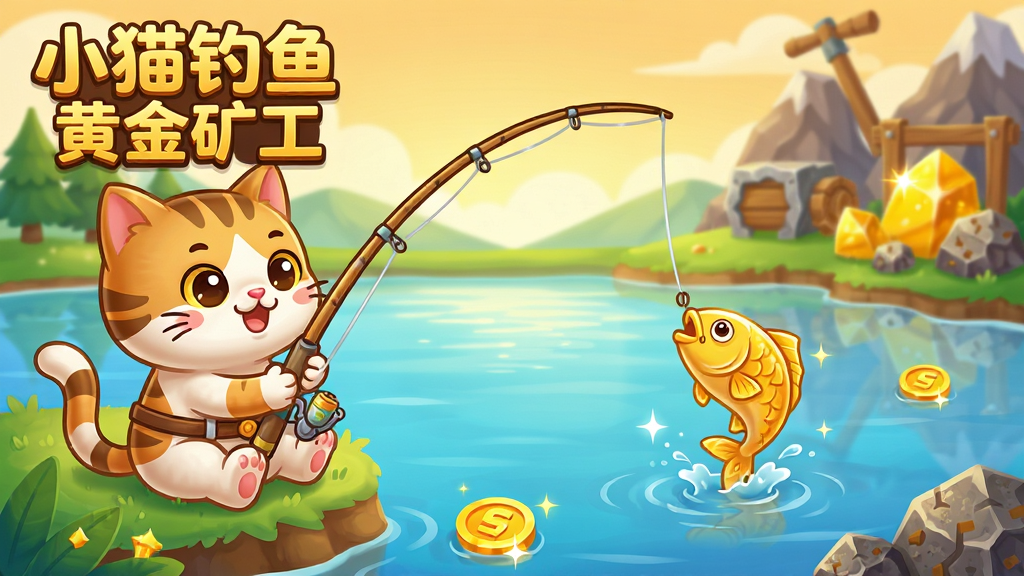 一只可爱的卡通小猫坐在湖边钓鱼,鱼竿弯曲,水面上有金色鱼儿跃出,背景远处有矿山和黄金矿石,画面色彩明亮温暖,整体风格为休闲卡通游戏宣传图,主体突出小猫与钓鱼场景,布局采用左中右三分法,左侧小猫、中央湖面、右侧矿山,排版简洁明快,风格清新休闲,细节包含水波纹、金币闪光、矿石纹理,画质高清干净无多余元素,图中带文字“小猫钓鱼 黄金矿工”