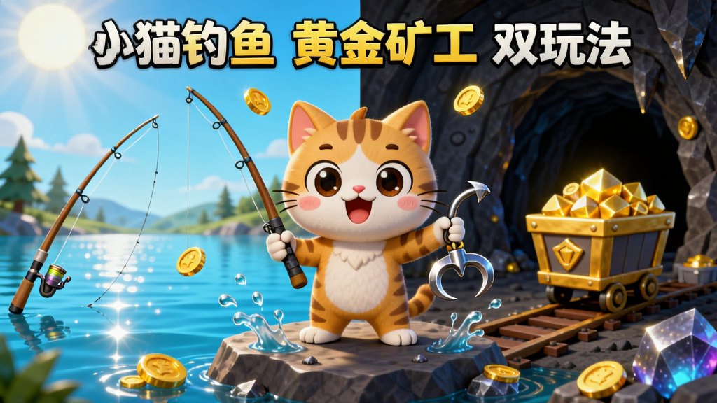 卡通小猫站在湖面和矿山之间的分界线上,左边是波光粼粼的湖面和鱼竿,右边是深邃矿洞和黄金矿车,小猫手持钓竿和抓钩,画面采用对称构图,风格为明快卡通渲染,细节有金币飘落、矿石发光、水花飞溅,画质高清干净,图中文字“小猫钓鱼 黄金矿工 双玩法”