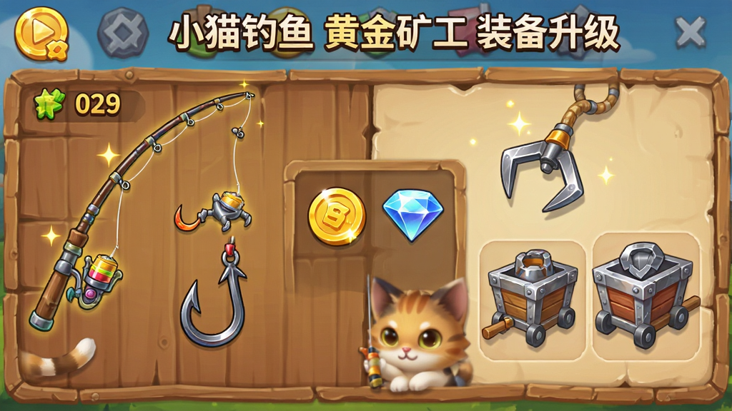 卡通小猫展示装备升级界面,左侧是不同等级的鱼竿和鱼钩,右侧是抓钩和矿车零件,中间有金币和钻石图标,画面布局为左右对比式,风格为游戏UI展示风,细节有等级数字、闪光特效、木质与金属质感,画质清晰干净,图中文字“小猫钓鱼 黄金矿工 装备升级”