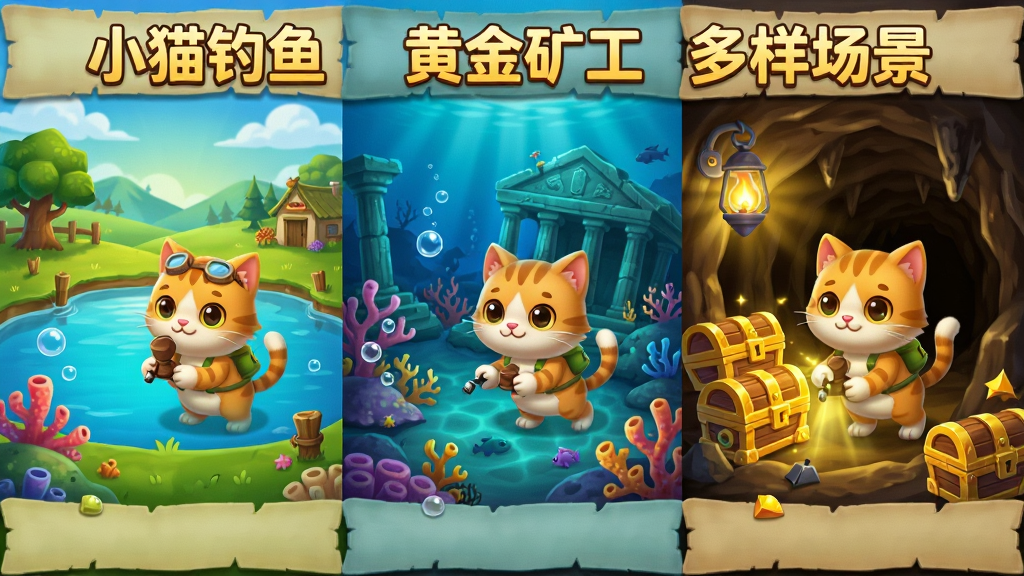 卡通小猫在三个不同场景中探索,左边是乡村小湖,中间是深海遗迹,右边是黄金矿洞,画面采用横向卷轴式布局,风格为冒险卡通,细节有气泡、珊瑚、矿灯、宝箱光效,画质高清干净,图中文字“小猫钓鱼 黄金矿工 多样场景”