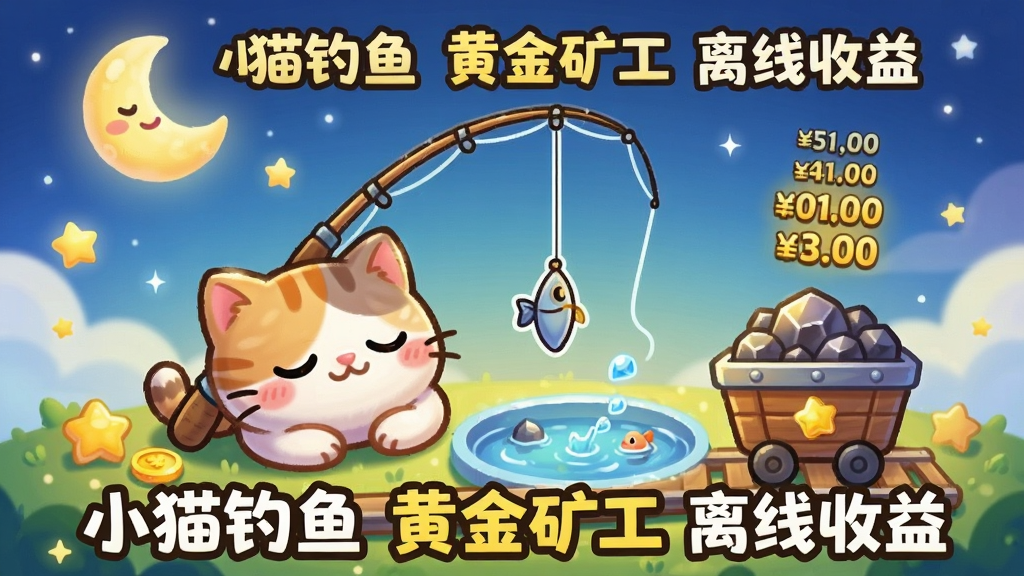 卡通小猫在睡觉,旁边鱼竿自动钓鱼,矿车自动运矿,画面温馨可爱,布局为居中构图,风格为治愈系卡通,细节有月亮、星星、金币慢慢增加的数字,画质干净明亮,图中文字“小猫钓鱼 黄金矿工 离线收益”