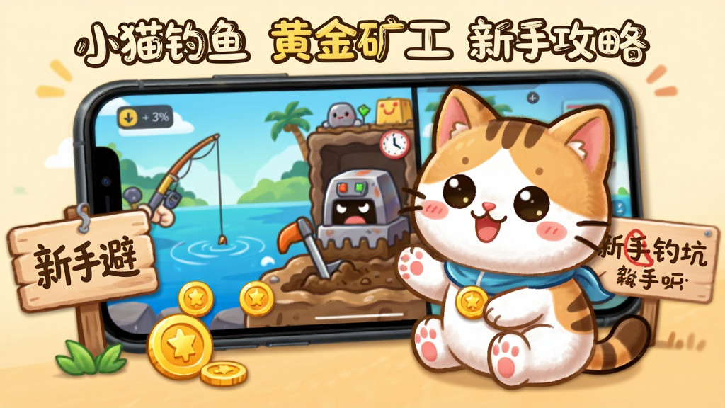 卡通小猫坐在手机屏幕前,屏幕显示钓鱼和挖矿画面,旁边有提示牌写着“新手避坑”,画面布局为居中场景,风格为可爱教学风,细节有手机、小猫、提示牌、金币图标,画质干净清晰,图中文字“小猫钓鱼 黄金矿工 新手攻略”