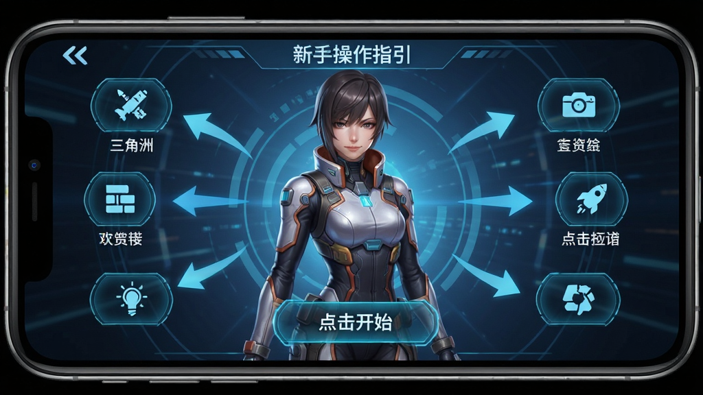 一张恋与三角洲新手操作指引图,主体是手机屏幕显示游戏主界面,布局为中央角色立绘加四周功能按钮。排版模拟手机横屏。风格为科幻游戏UI。细节包括按钮图标清晰、有引导箭头和文字标注“点击开始”。画质高清,干净无杂物。